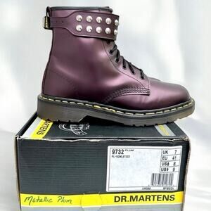Dr. Martens Vintage UK7 90s 9732 Purple Metallic Leather Boots Studded Strap MIE